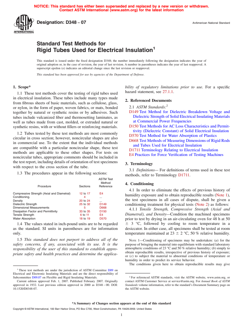 ASTM D348-07 - Standard Test Methods for Rigid Tubes Used for Electrical Insulation