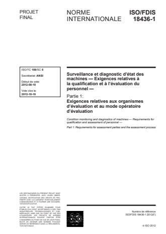 ISO 18436-1:2012 - Surveillance et diagnostic d'état des machines -- Exigences relatives a la qualification et a l'évaluation du personnel