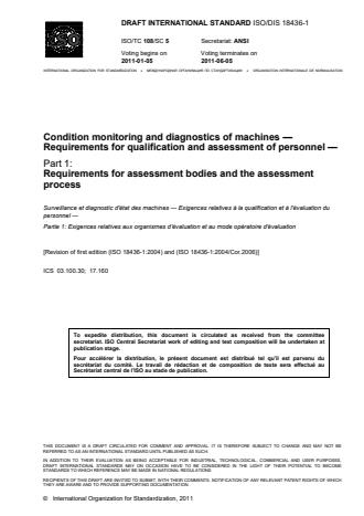 ISO 18436-1:2012 - Condition monitoring and diagnostics of machines -- Requirements for qualification and assessment of personnel