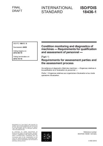 ISO 18436-1:2012 - Condition monitoring and diagnostics of machines -- Requirements for qualification and assessment of personnel