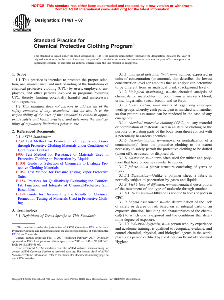 ASTM F1461-07 - Standard Practice for Chemical Protective Clothing Program