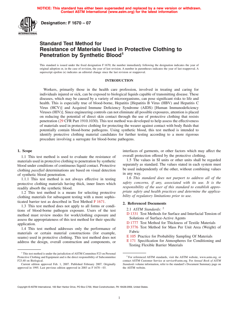 ASTM F1670-07 - Standard Test Method for Resistance of Materials Used in Protective Clothing to Penetration by Synthetic Blood