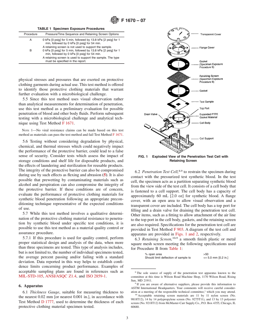 ASTM F1670-07 - Standard Test Method for Resistance of Materials Used in Protective Clothing to Penetration by Synthetic Blood