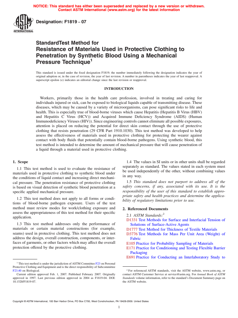 ASTM F1819-07 - Standard Test Method for Resistance of Materials Used in Protective Clothing to Penetration by Synthetic Blood Using a Mechanical Pressure Technique