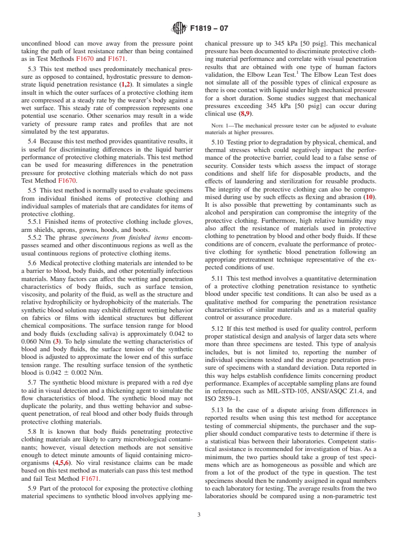 ASTM F1819-07 - Standard Test Method for Resistance of Materials Used in Protective Clothing to Penetration by Synthetic Blood Using a Mechanical Pressure Technique