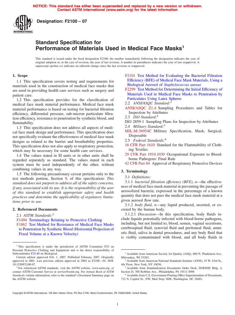 ASTM F2100-07 - Standard Specification for Performance of Materials Used in Medical Face Masks