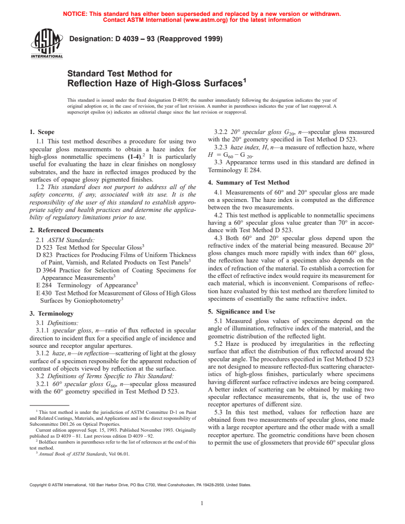 ASTM D4039-93(1999) - Standard Test Method for Reflection Haze of High-Gloss Surfaces