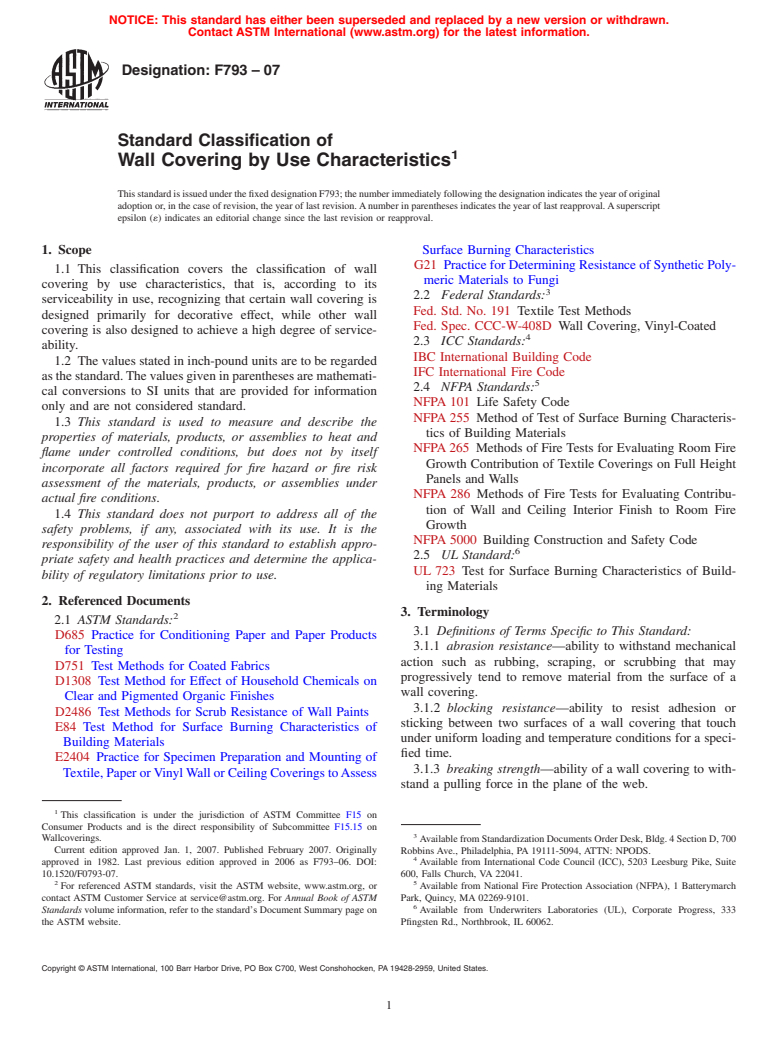 ASTM F793-07 - Standard Classification of Wall Covering by Use Characteristics