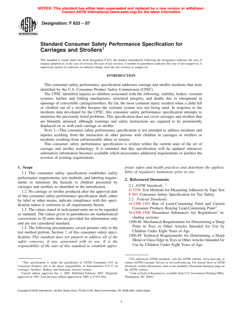 ASTM F833-07 - Standard Consumer Safety Performance Specification for Carriages and Strollers