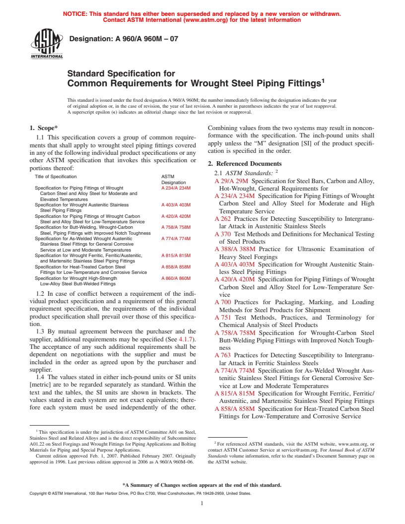 ASTM A960/A960M-07 - Standard Specification for Common Requirements for Wrought Steel Piping Fittings