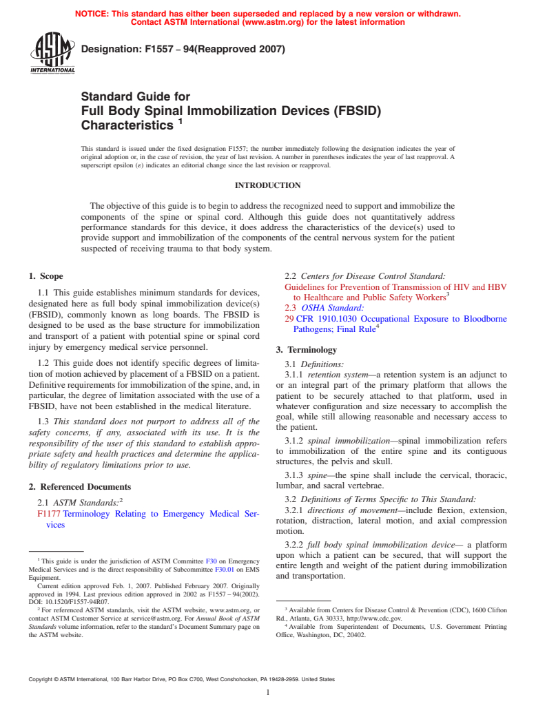 ASTM F1557-94(2007) - Standard Guide for Full Body Spinal Immobilization Devices (FBSID) Characteristics (Withdrawn 2016)