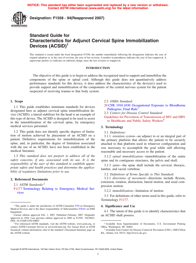 ASTM F1558-94(2007) - Standard Guide for Characteristics for Adjunct Cervical Spine Immobilization Devices (ACSID)