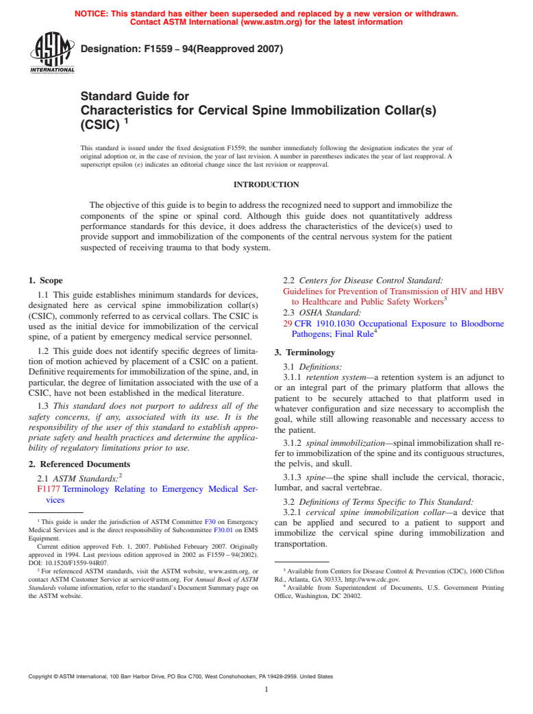 ASTM F1559-94(2007) - Standard Guide for Characteristics for Cervical Spine Immobilization Collar(s) (CSIC)