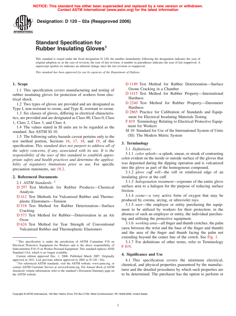 ASTM D120-02a(2006) - Standard Specification for Rubber Insulating Gloves