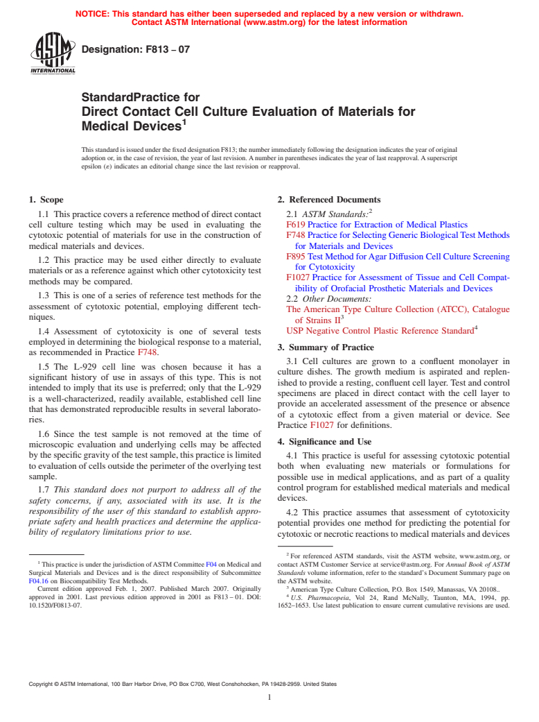 ASTM F813-07 - Standard Practice for Direct Contact Cell Culture Evaluation of Materials for Medical Devices