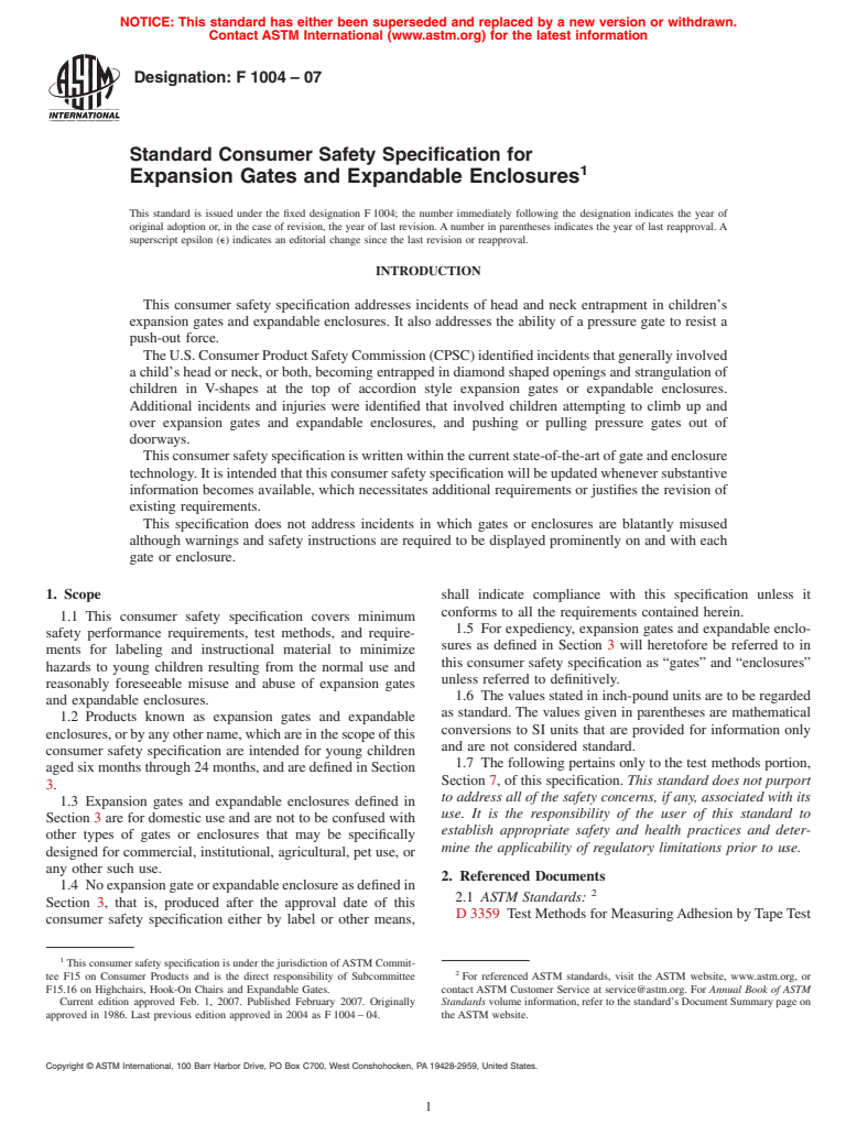 ASTM F1004-07 - Standard Consumer Safety Specification for Expansion Gates and Expandable Enclosures