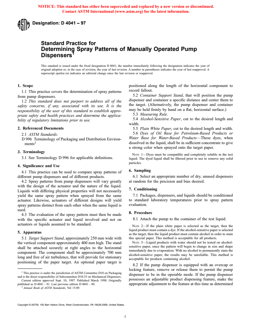 ASTM D4041-97 - Standard Test Method for Determining Spray Patterns of Manually Operated Pump Dispensers