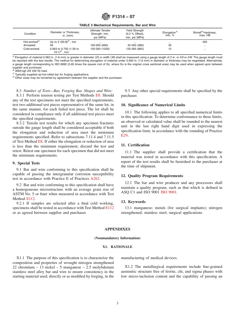 ASTM F1314-07 - Standard Specification for Wrought Nitrogen Strengthened 22 Chromium - 13 Nickel - 5 Manganese - 2.5 Molybdenum Stainless Steel Alloy Bar and Wire for Surgical Implants (UNS S20910)