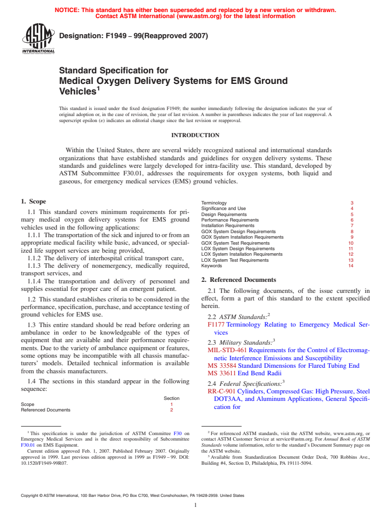 ASTM F1949-99(2007) - Standard Specification for Medical Oxygen Delivery Systems for EMS Ground Vehicles