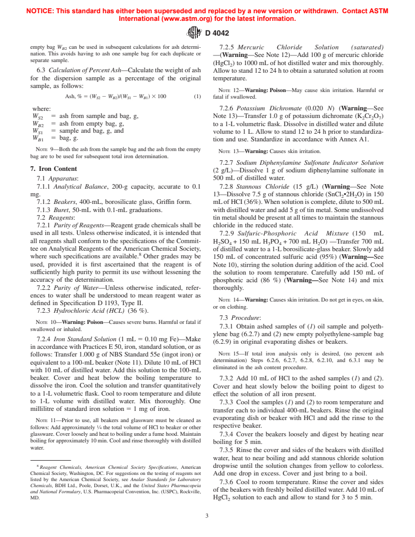 ASTM D4042-93(1998) - Test Method for Sampling and Testing for Ash and Total Iron in Steel Mill Dispersions of Rolling Oils