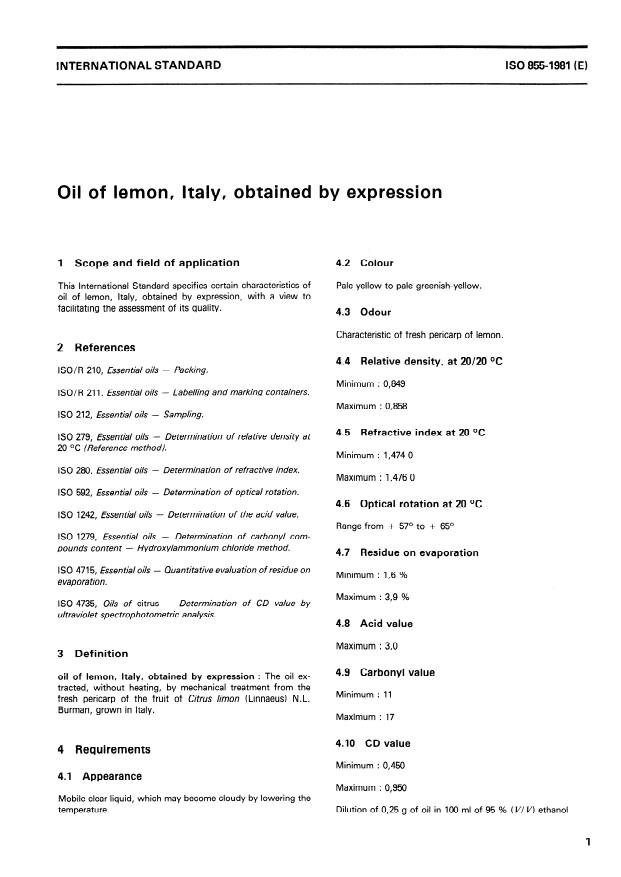 ISO 855:1981 - Oil of lemon, Italy, obtained by expression