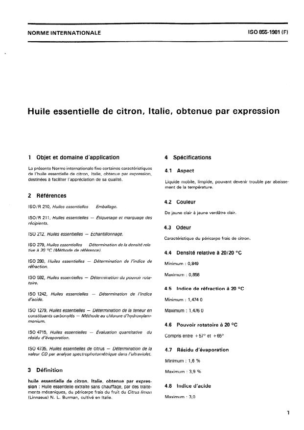 ISO 855:1981 - Huile essentielle de citron, Italie, obtenue par expression