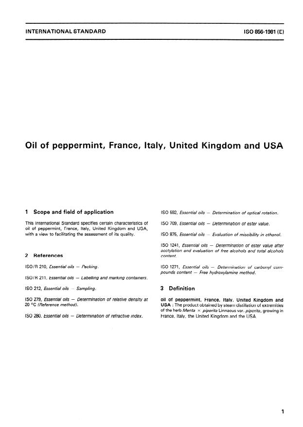 ISO 856:1981 - Oil of peppermint, France, Italy, United Kingdom and USA