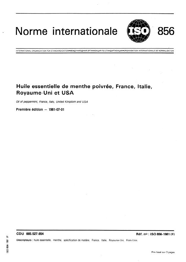 ISO 856:1981 - Huile essentielle de menthe poivrée, France, Italie, Royaume-Uni et USA