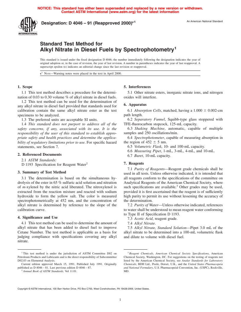 ASTM D4046-91(2000)e1 - Standard Test Method for Alkyl Nitrate in Diesel Fuels by Spectrophotometry