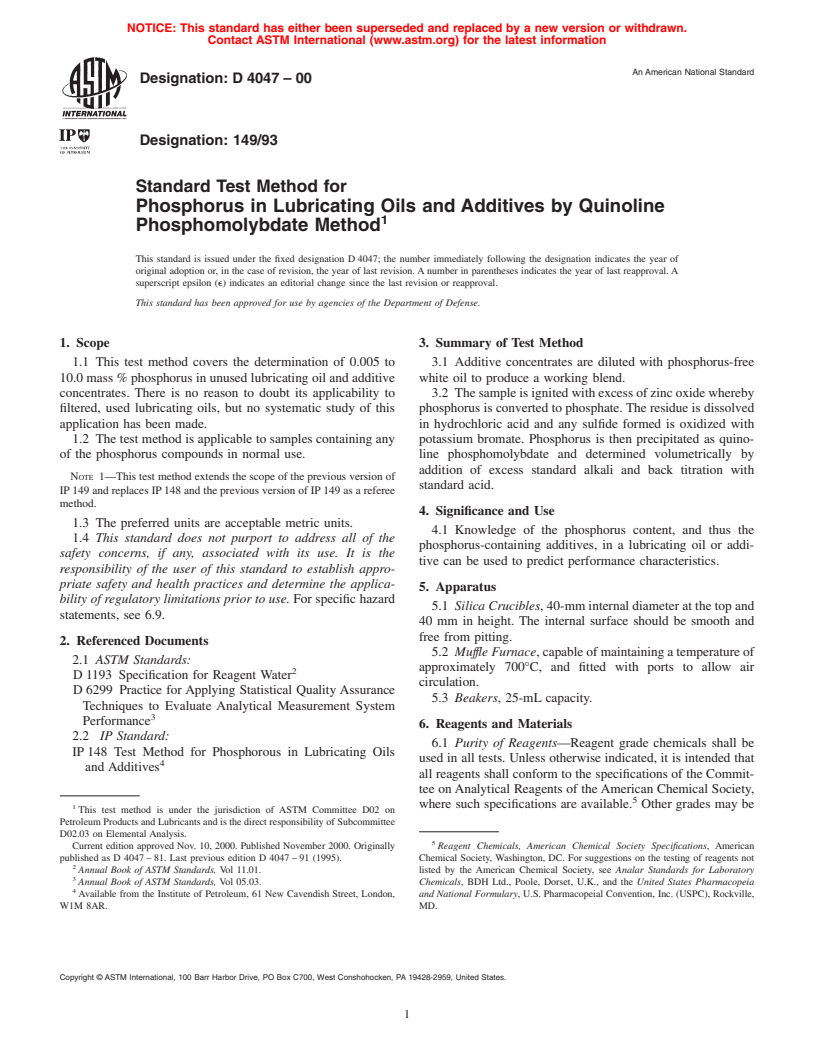 ASTM D4047-00 - Standard Test Method for Phosphorus in Lubricating Oils and Additives by Quinoline Phoshomolybdate Method