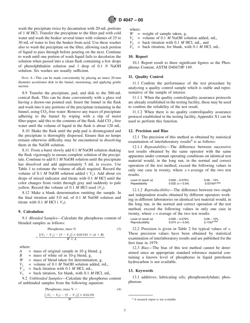 ASTM D4047-00 - Standard Test Method for Phosphorus in Lubricating Oils and Additives by Quinoline Phoshomolybdate Method