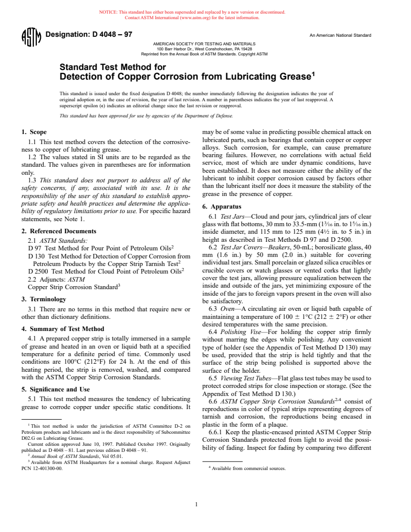 ASTM D4048-97 - Standard Test Method for Detection of Copper Corrosion from Lubricating Grease