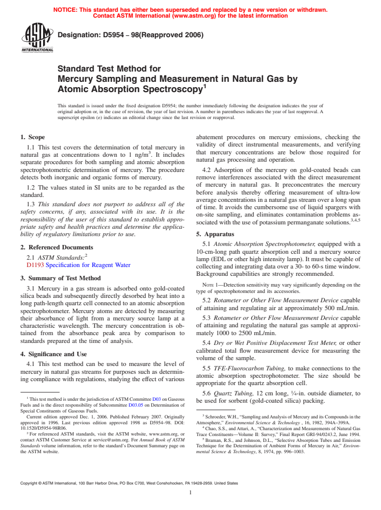 ASTM D5954-98(2006) - Standard Test Method for Mercury Sampling and Measurement in Natural Gas by Atomic Absorption Spectroscopy