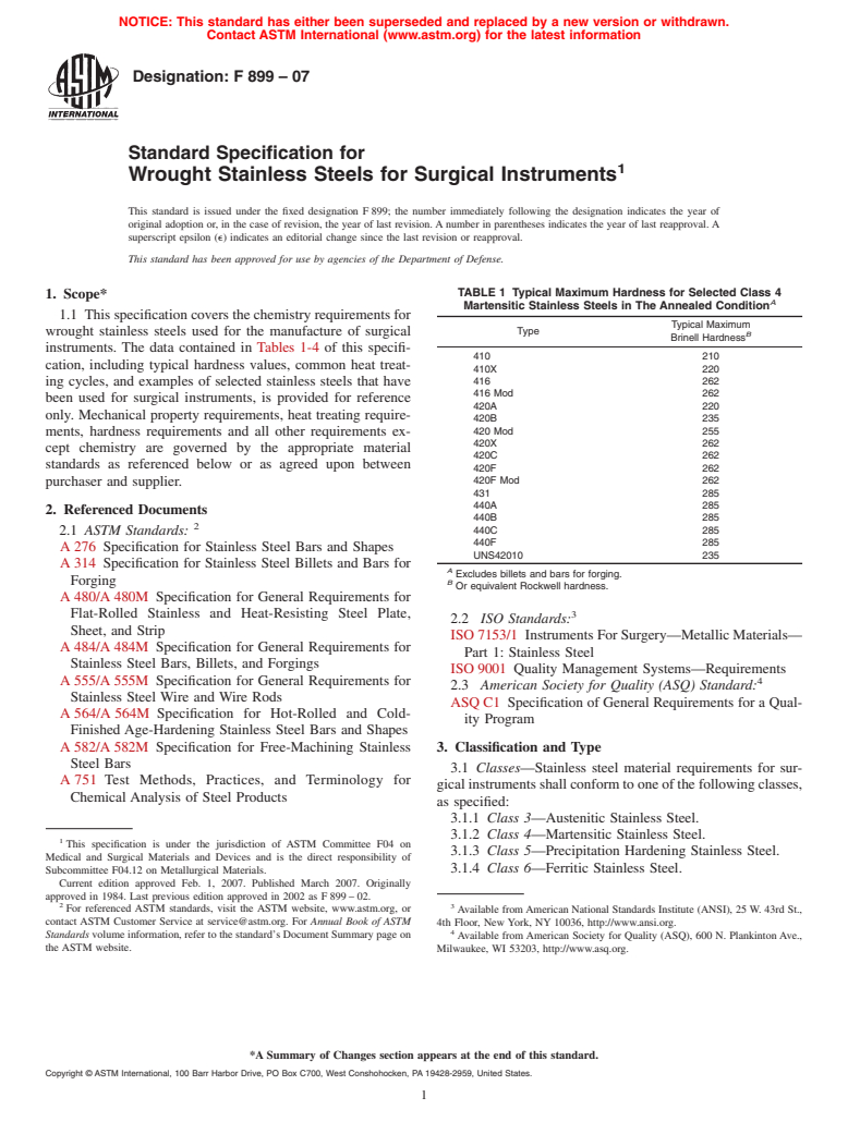 ASTM F899-07 - Standard Specification for Wrought Stainless Steels for Surgical Instruments