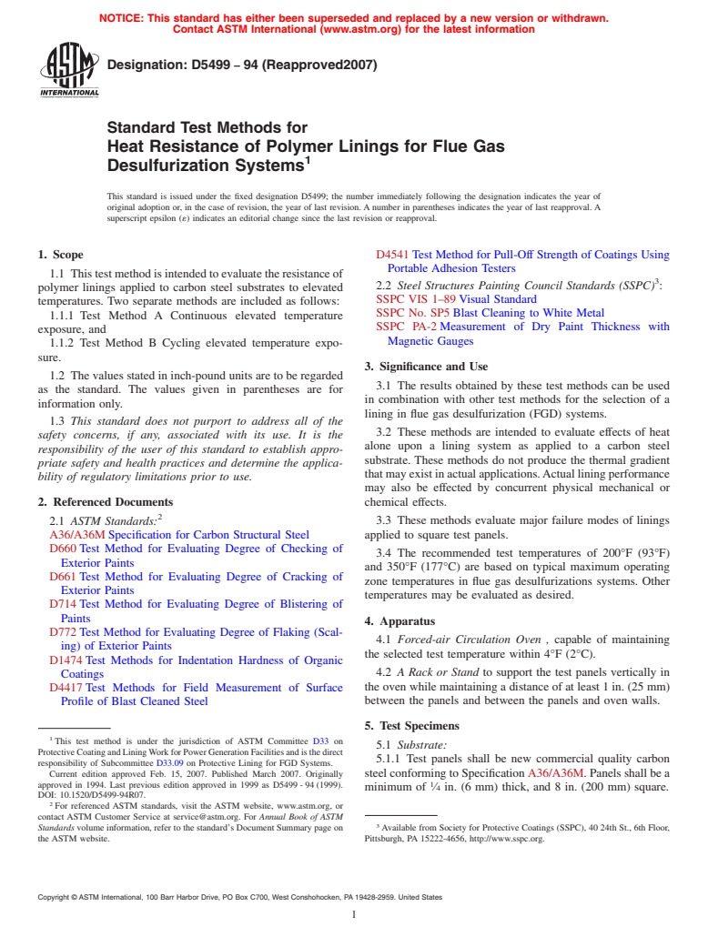 ASTM D5499-94(2007) - Standard Test Methods for Heat Resistance of Polymer Linings for Flue Gas Desulfurization Systems