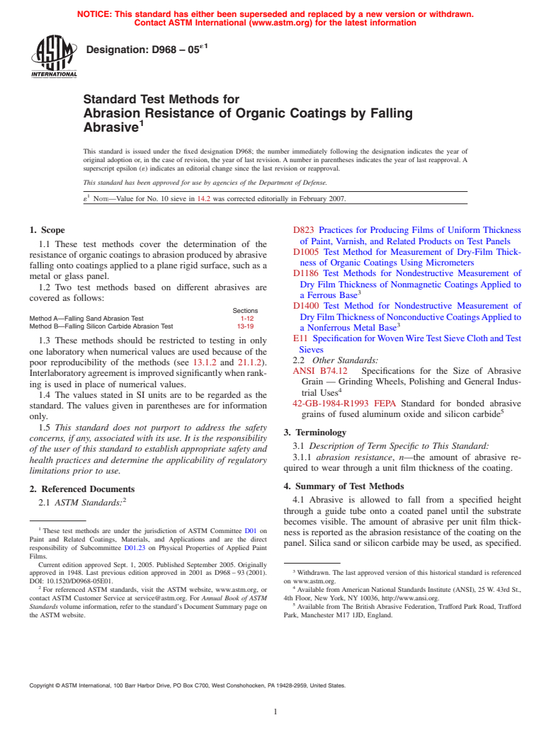 ASTM D968-05e1 - Standard Test Methods for Abrasion Resistance of Organic Coatings by Falling Abrasive