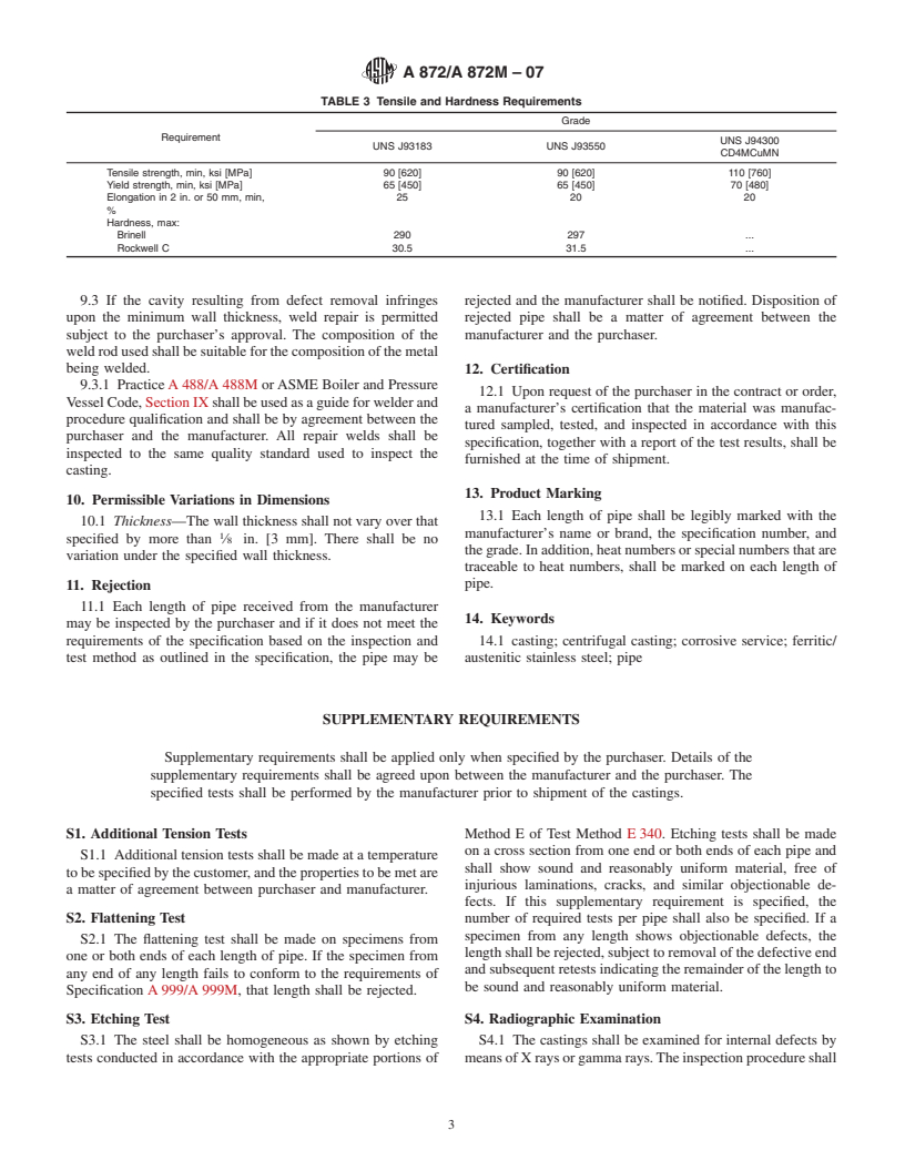 ASTM A872/A872M-07 - Standard Specification for Centrifugally Cast Ferritic/Austenitic Stainless Steel Pipe for Corrosive Environments