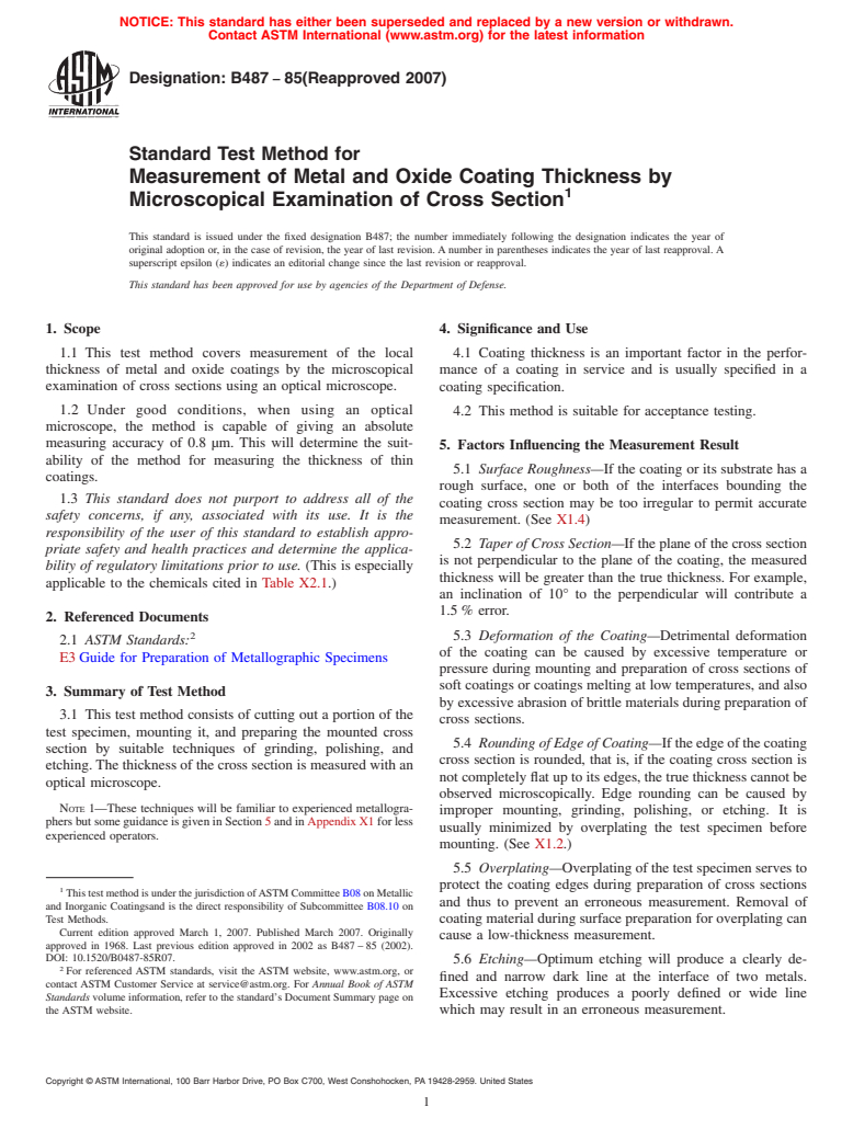 ASTM B487-85(2007) - Standard Test Method for Measurement of Metal and Oxide Coating Thickness by Microscopical Examination of a Cross Section