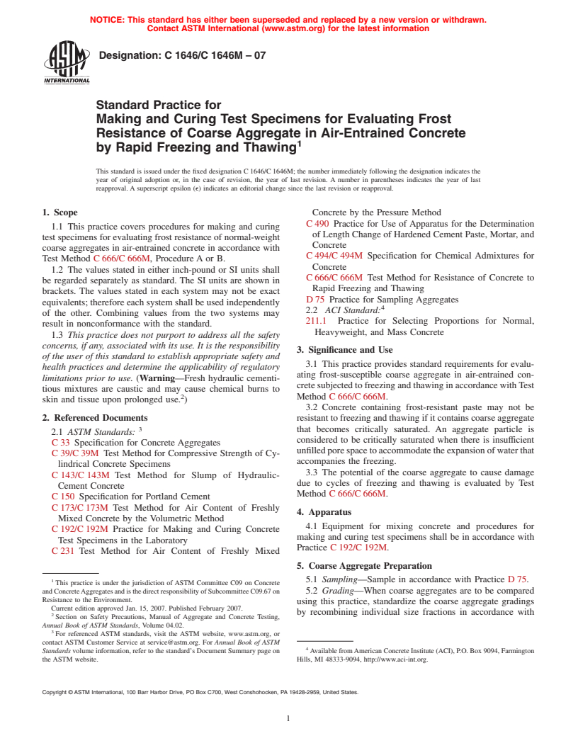 ASTM C1646/C1646M-07 - Standard Practice for Making and Curing Test Specimens for Evaluating Frost Resistance of Coarse Aggregate in Air-Entrained Concrete by Rapid Freezing and Thawing