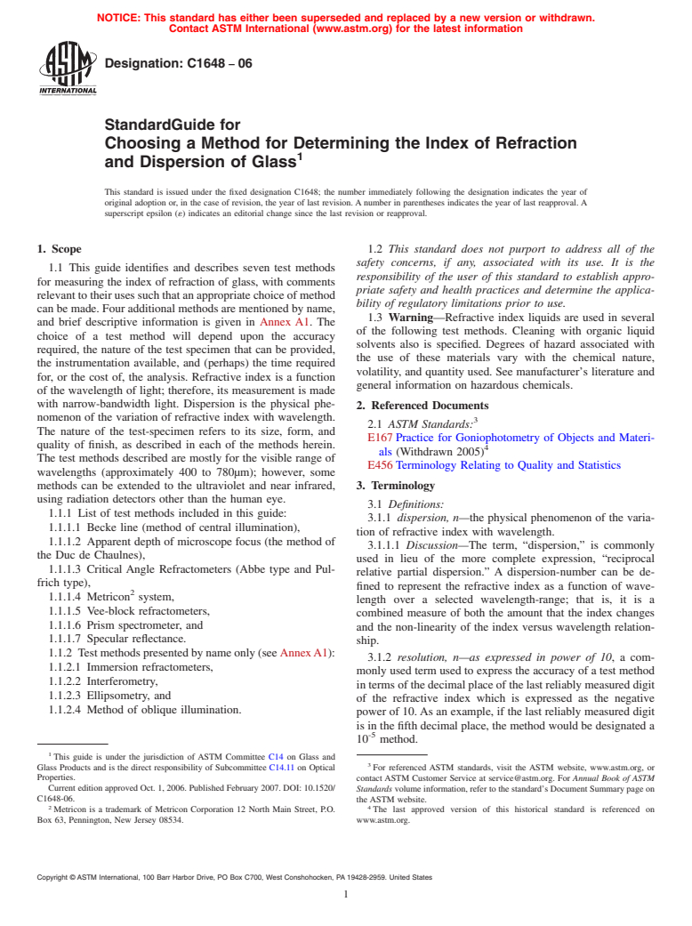 ASTM C1648-06 - Standard Guide for Choosing a Method for Determining the Index of Refraction and Dispersion of Glass