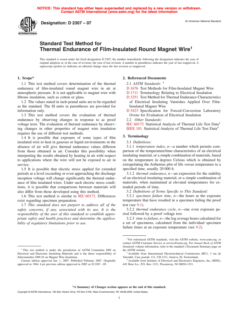 ASTM D2307-07 - Standard Test Method for Thermal Endurance of Film-Insulated Round Magnet Wire