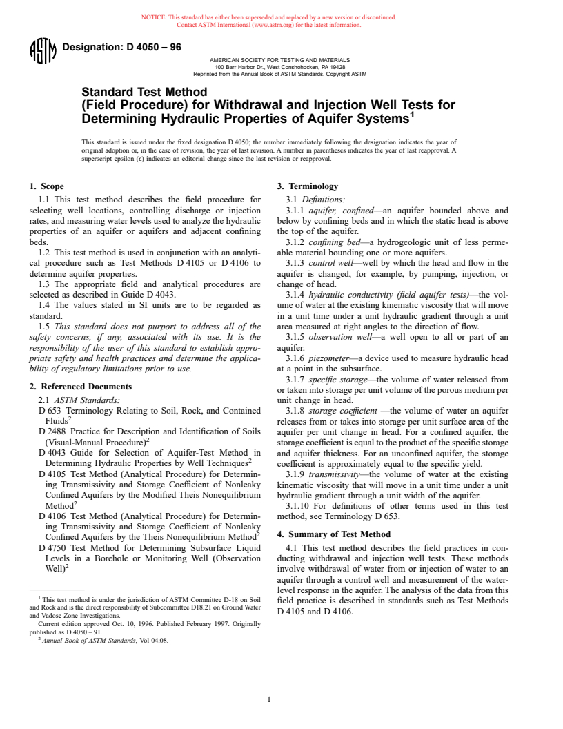 ASTM D4050-96 - Standard Test Method (Field Procedure) for Withdrawal and Injection Well Tests for Determining Hydraulic Properties of Aquifer Systems