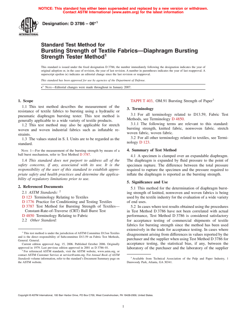 ASTM D3786-06e1 - Standard Test Method for Bursting Strength of Textile Fabrics-Diaphragm Bursting Strength Tester Method