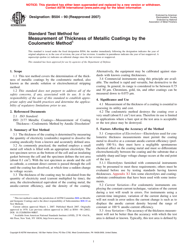 ASTM B504-90(2007) - Standard Test Method for Measurement of Thickness of Metallic Coatings by the Coulometric Method