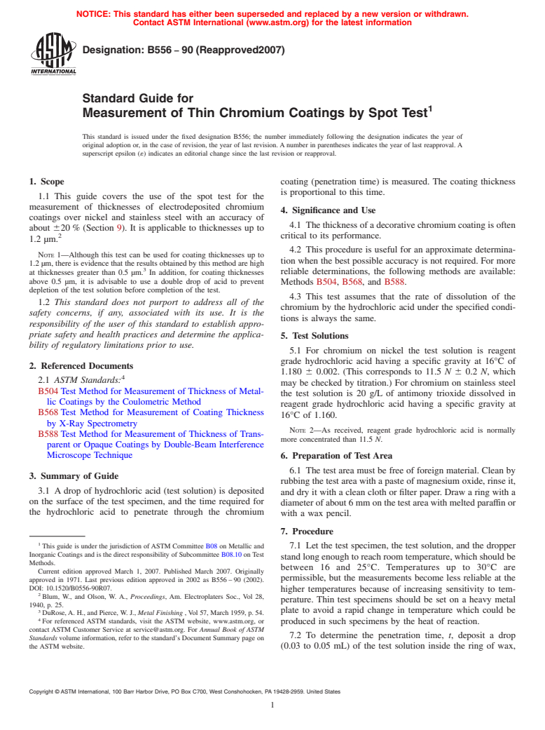 ASTM B556-90(2007) - Standard Guide for Measurement of Thin Chromium Coatings by Spot Test