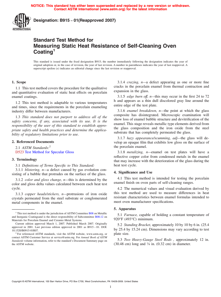 ASTM B915-01(2007) - Standard Test Method for Measuring Static Heat Resistance of Self-Cleaning Oven Coating
