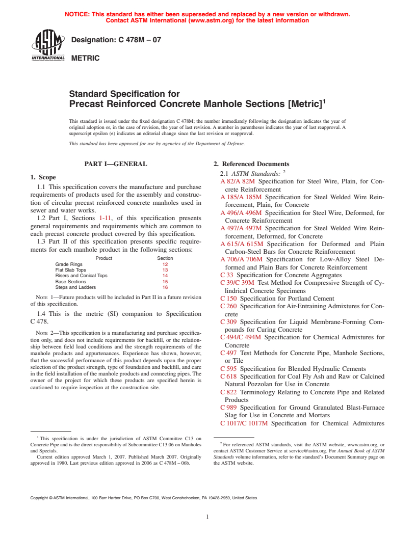 ASTM C478M-07 - Standard Specification for Precast Reinforced Concrete Manhole Sections [Metric]