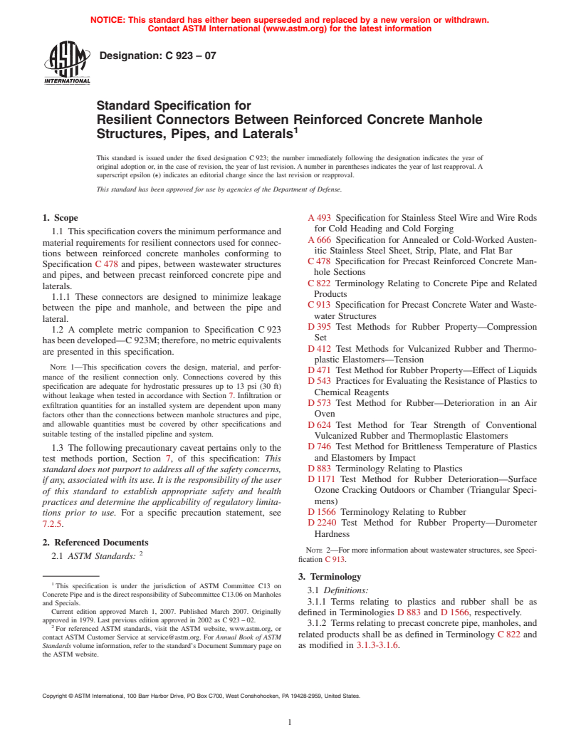 ASTM C923-07 - Standard Specification for Resilient Connectors Between Reinforced Concrete Manhole Structures, Pipes, and Laterals