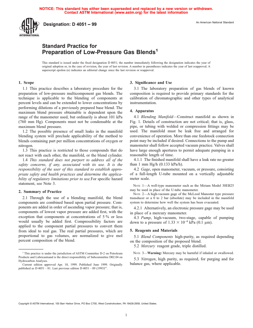 ASTM D4051-99 - Standard Practice for Preparation of Low-Pressure Gas Blends