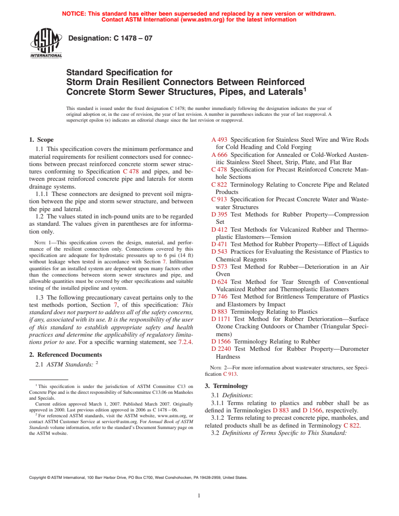 ASTM C1478-07 - Standard Specification for Storm Drain Resilient Connectors Between Reinforced Concrete Storm Sewer Structures, Pipes, and Laterals